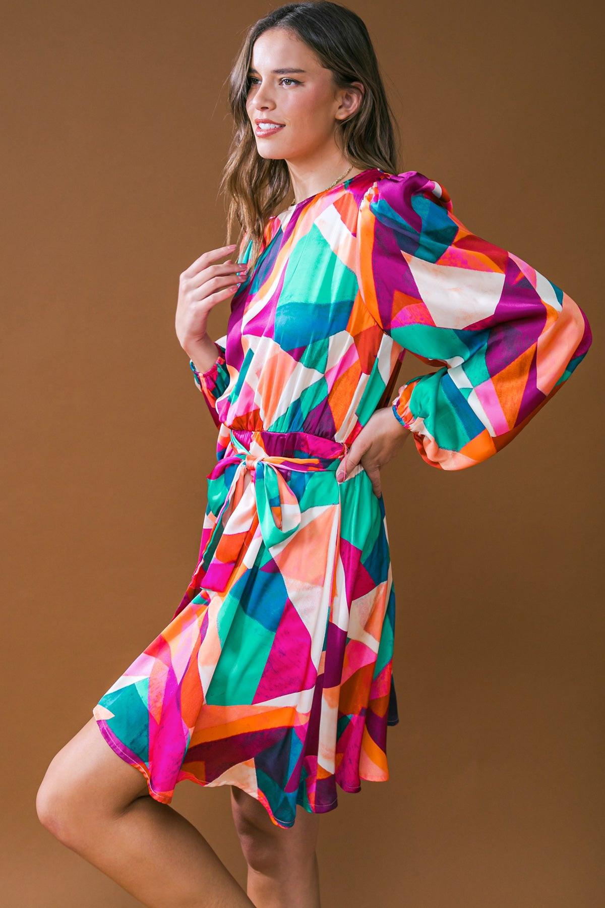 Woven Mini Dress Round Neckline Long Sleeves a Line Skirt with Back Zipper — Soul Flow Apparel