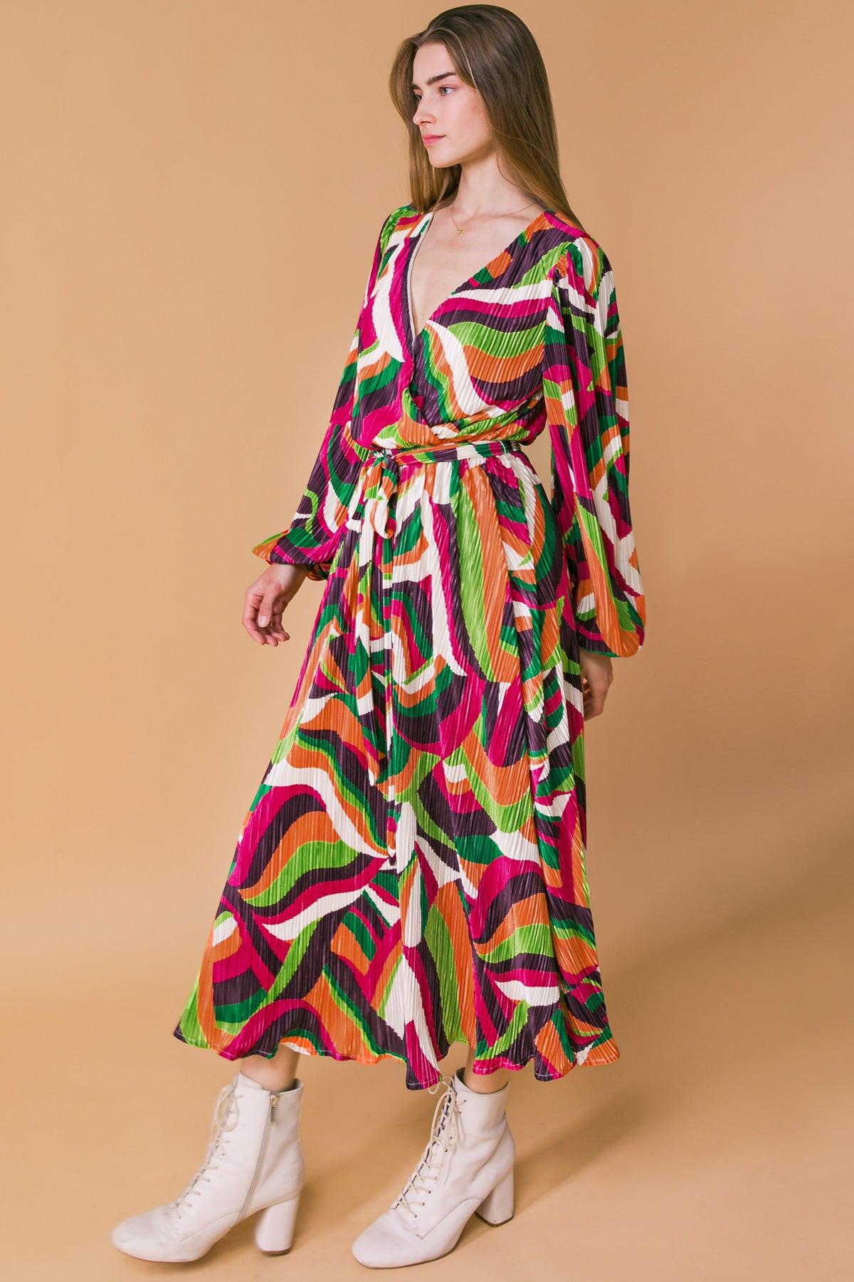 Printed Plisse Midi Dress With Surplice Neckline Long Sleeve And Self Tie
