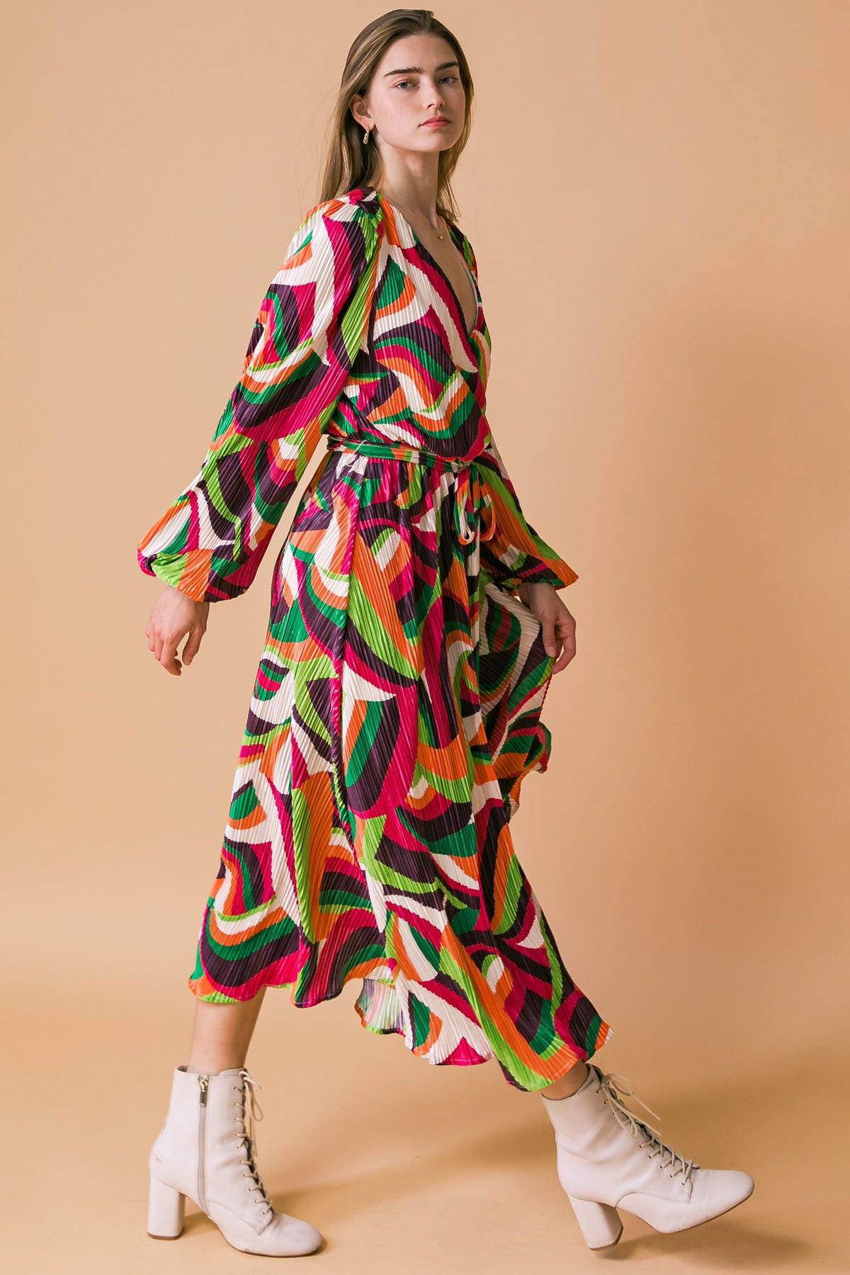 Printed Plisse Midi Dress With Surplice Neckline Long Sleeve And Self Tie