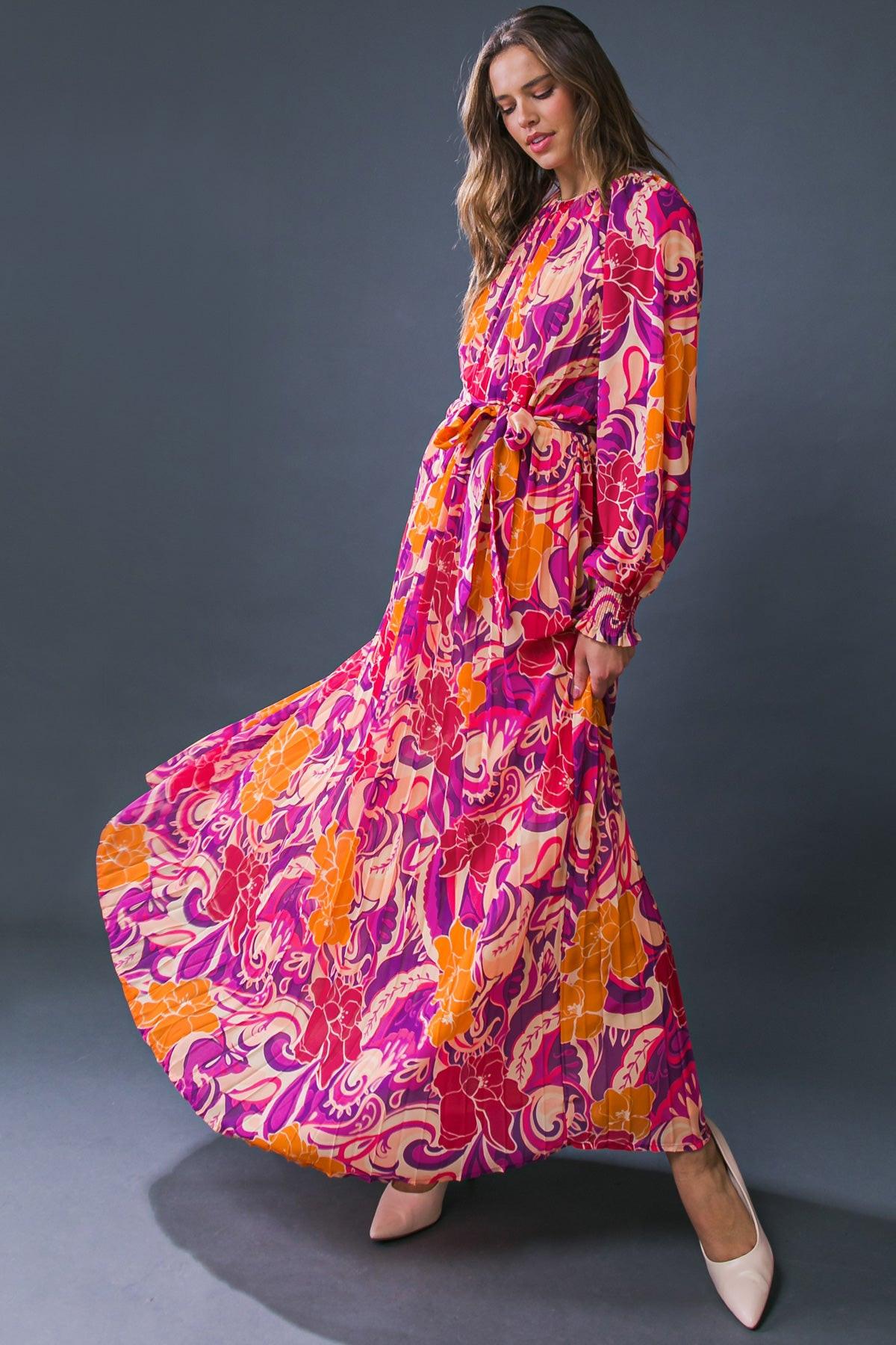 Changing Locations Printed Woven Maxi Dress Round Neckline Smocked Cuff Sleeves — Soul Flow Apparel