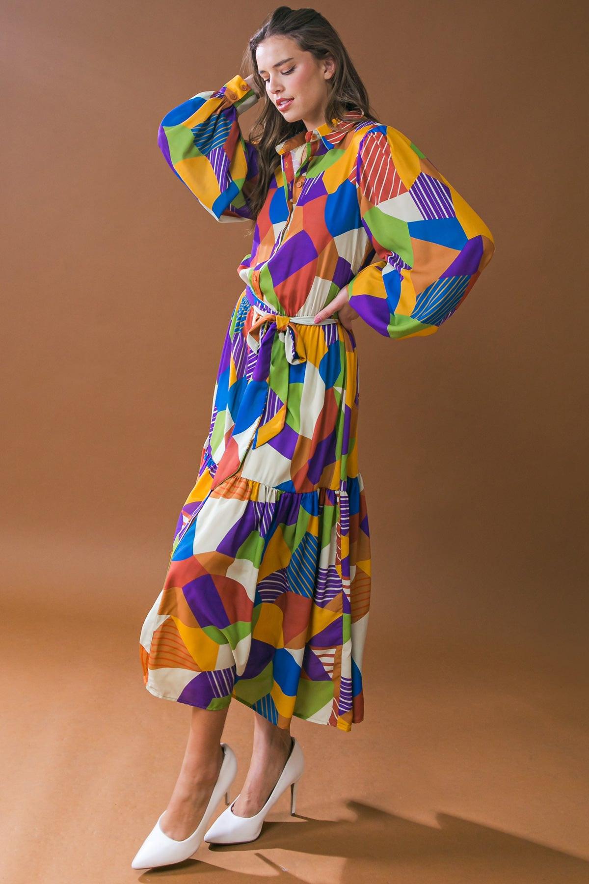 Remarkable Flair Printed Woven Midi Dress with Shirt Collar and Self Tie — Soul Flow Apparel