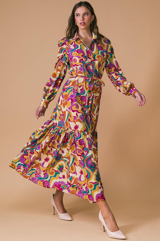 Printed Woven Midi Dress with Shirt Collar and Long Sleeves — Soul Flow Apparel
