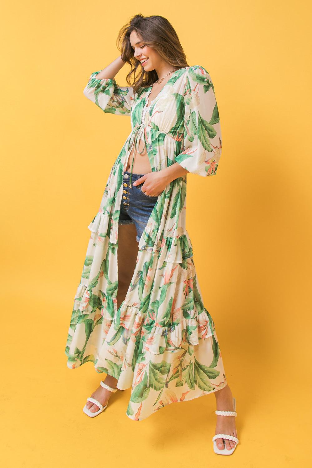 Easy Days Floral Maxi Kimono Top Long Sleeve Boho Chic with Front Tie — Soul Flow Apparel
