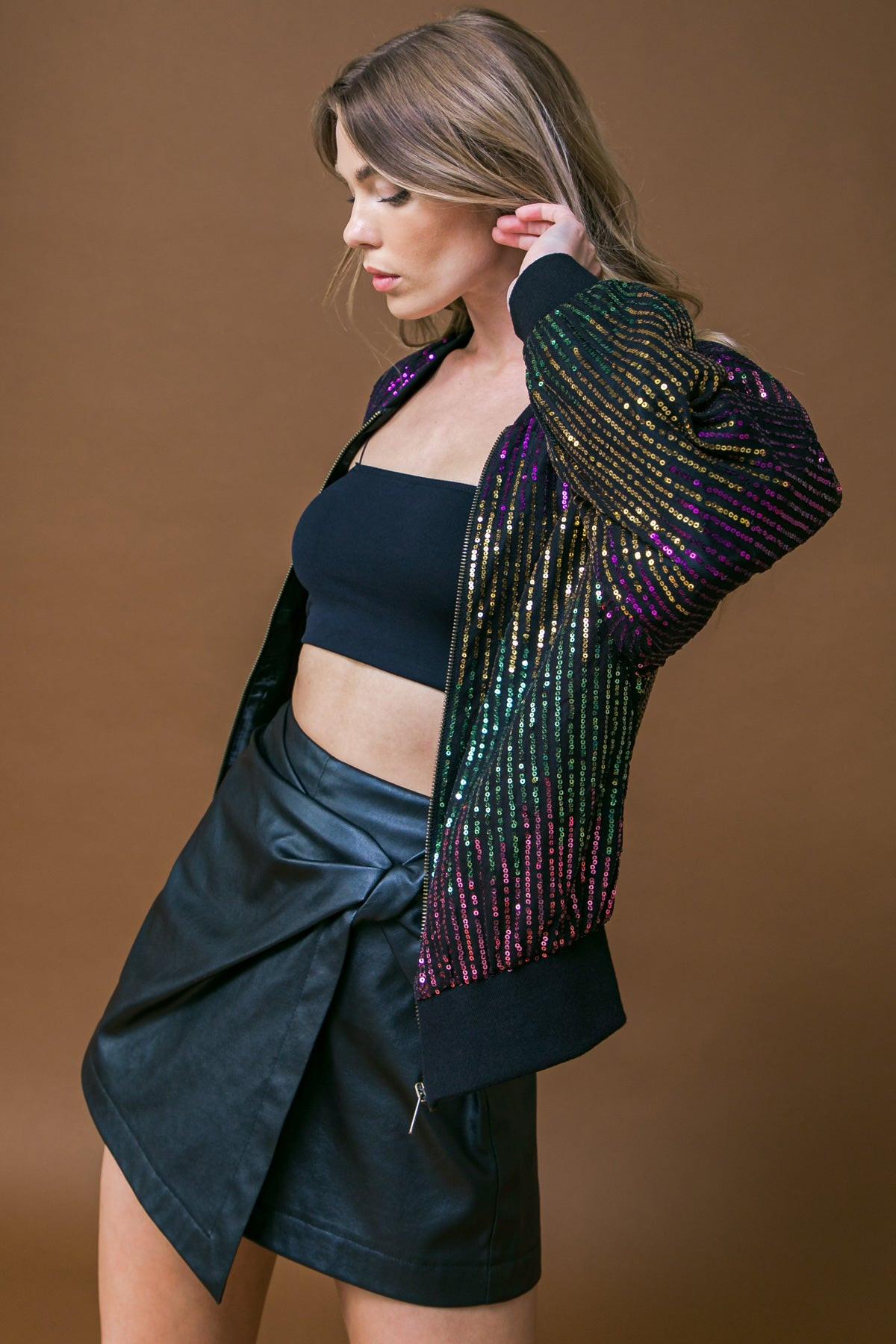Entertain Me Sequins Bomber Jacket with Ribbed Collar and Zipper — Soul Flow Apparel
