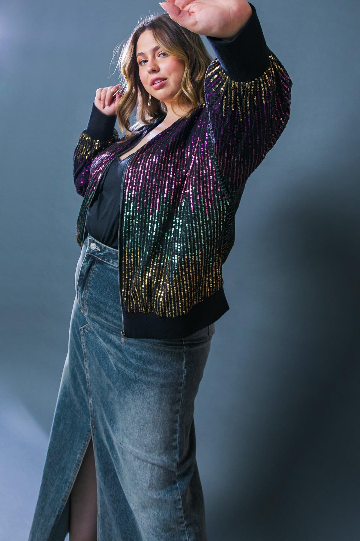 Entertain Me Sequins Bomber Jacket with Ribbed Collar and Zipper — Soul Flow Apparel