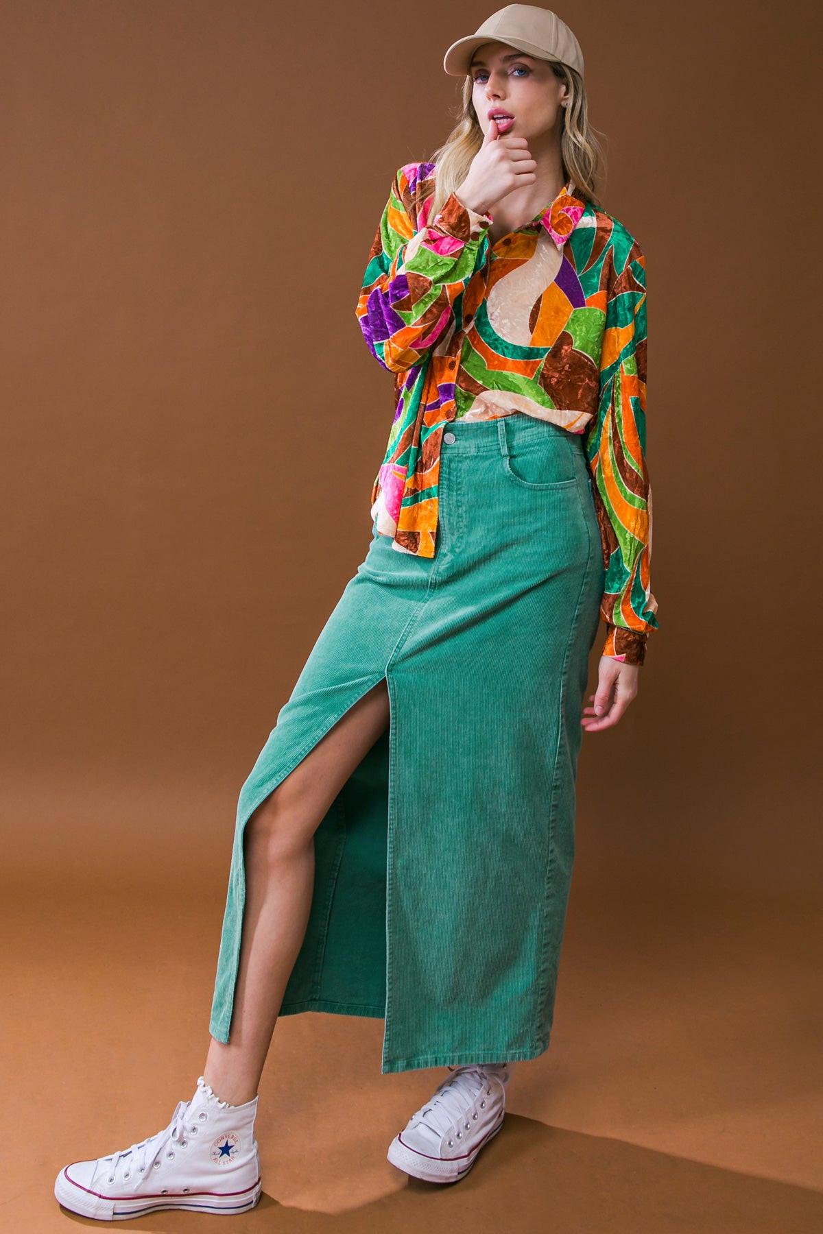 Corduroy Midi Skirt with Front Slit Front Closure and Pockets Classic Wash — Soul Flow Apparel