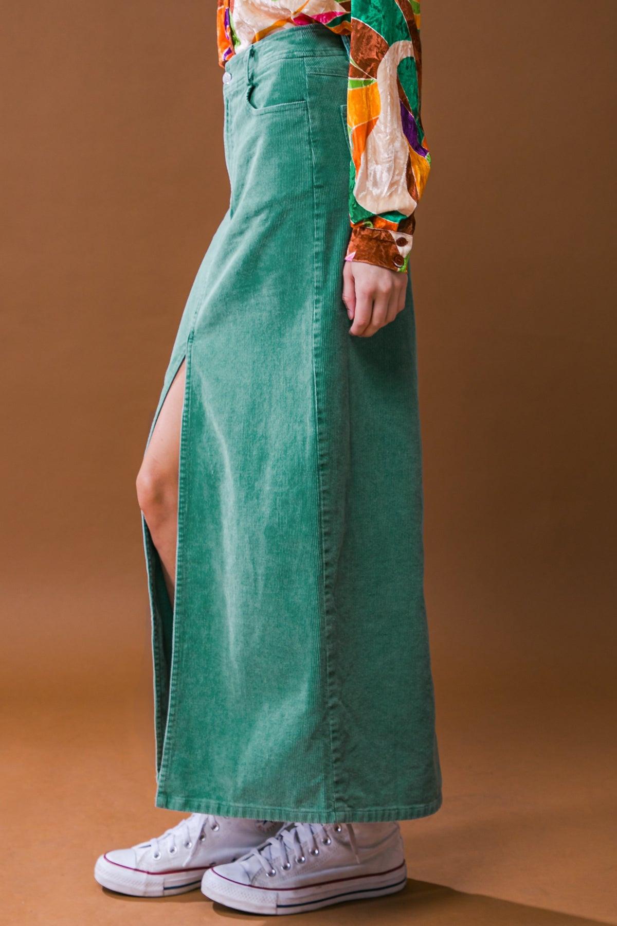 Corduroy Midi Skirt with Front Slit Front Closure and Pockets Classic Wash — Soul Flow Apparel