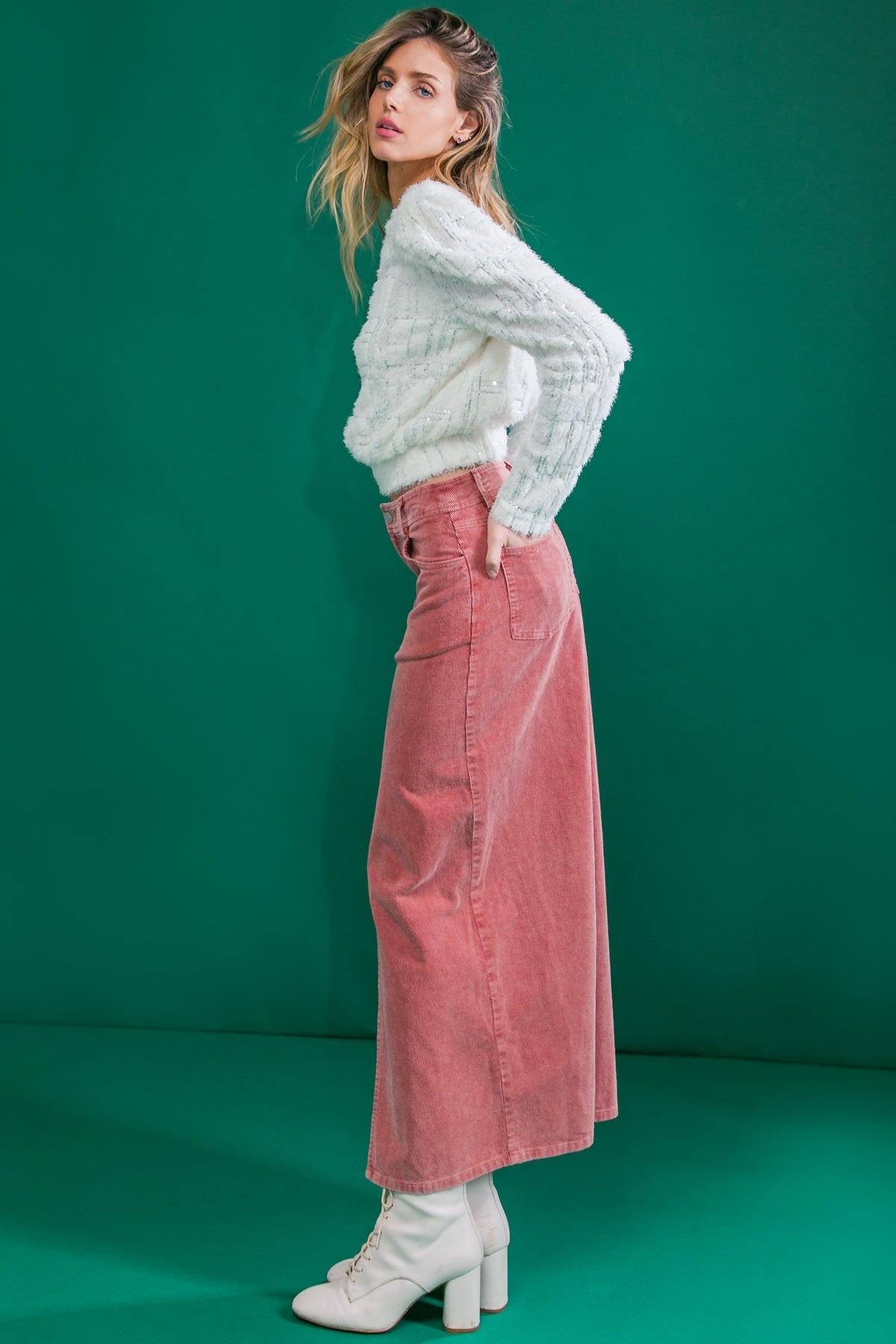 Corduroy Midi Skirt with Front Slit Front Closure and Pockets Classic Wash — Soul Flow Apparel