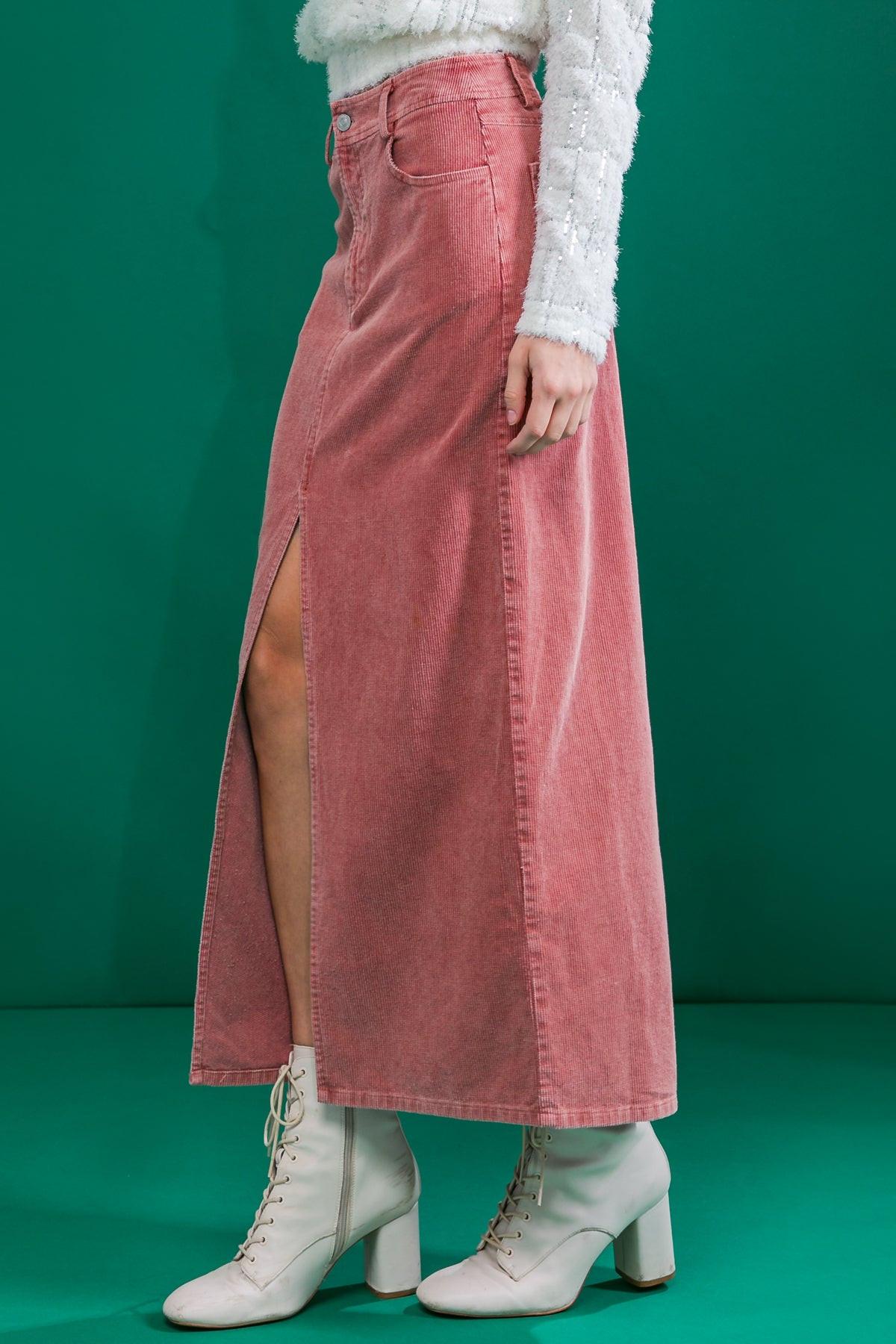 Corduroy Midi Skirt with Front Slit Front Closure and Pockets Classic Wash — Soul Flow Apparel