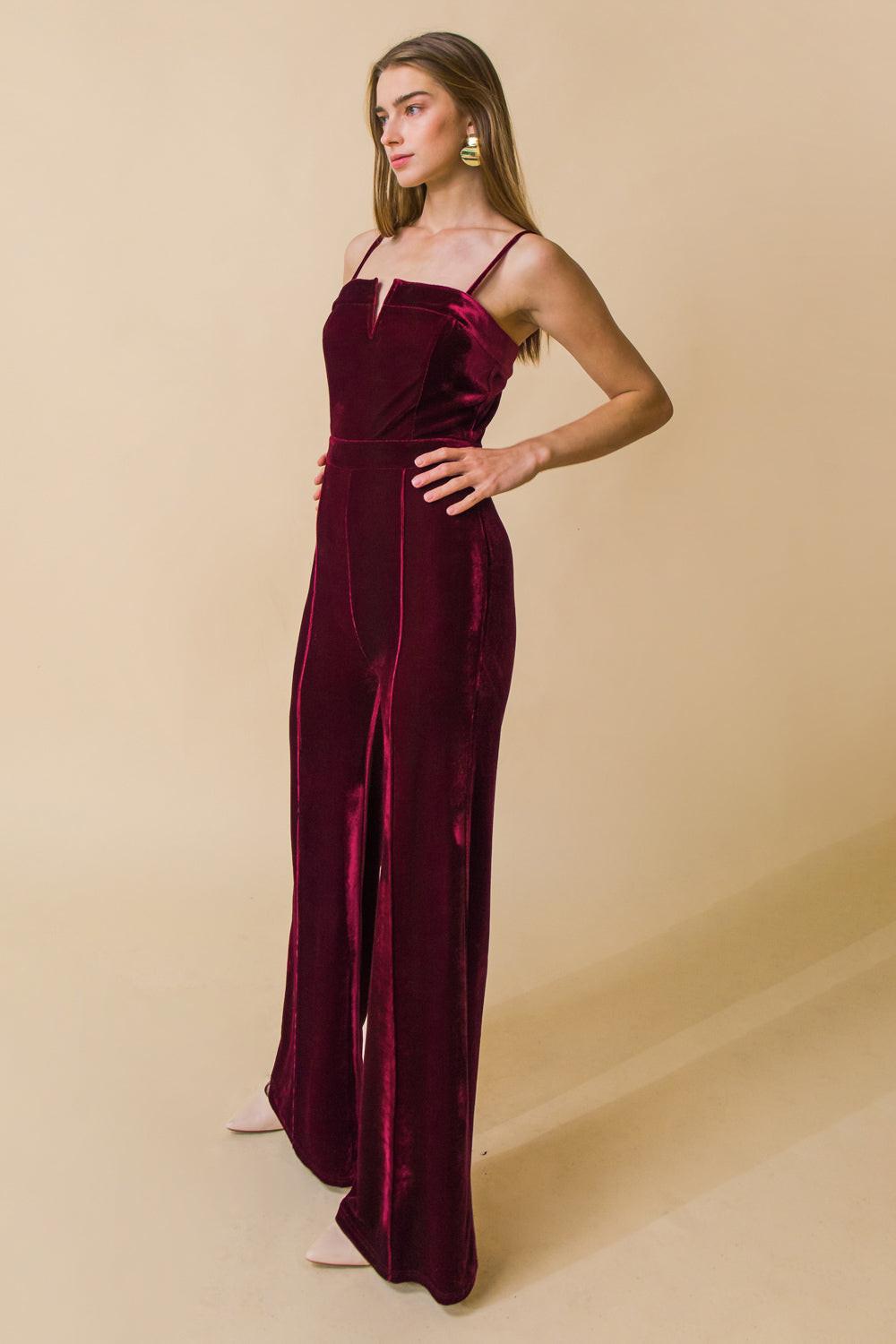 Blow a Kiss Velvet Jumpsuit with Front V Detail and Wide Leg — Soul Flow Apparel
