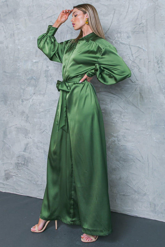 Like Fine Art Satin Jumpsuit with Shirt Collar and Self Tie Belt Wide Leg — Soul Flow Apparel