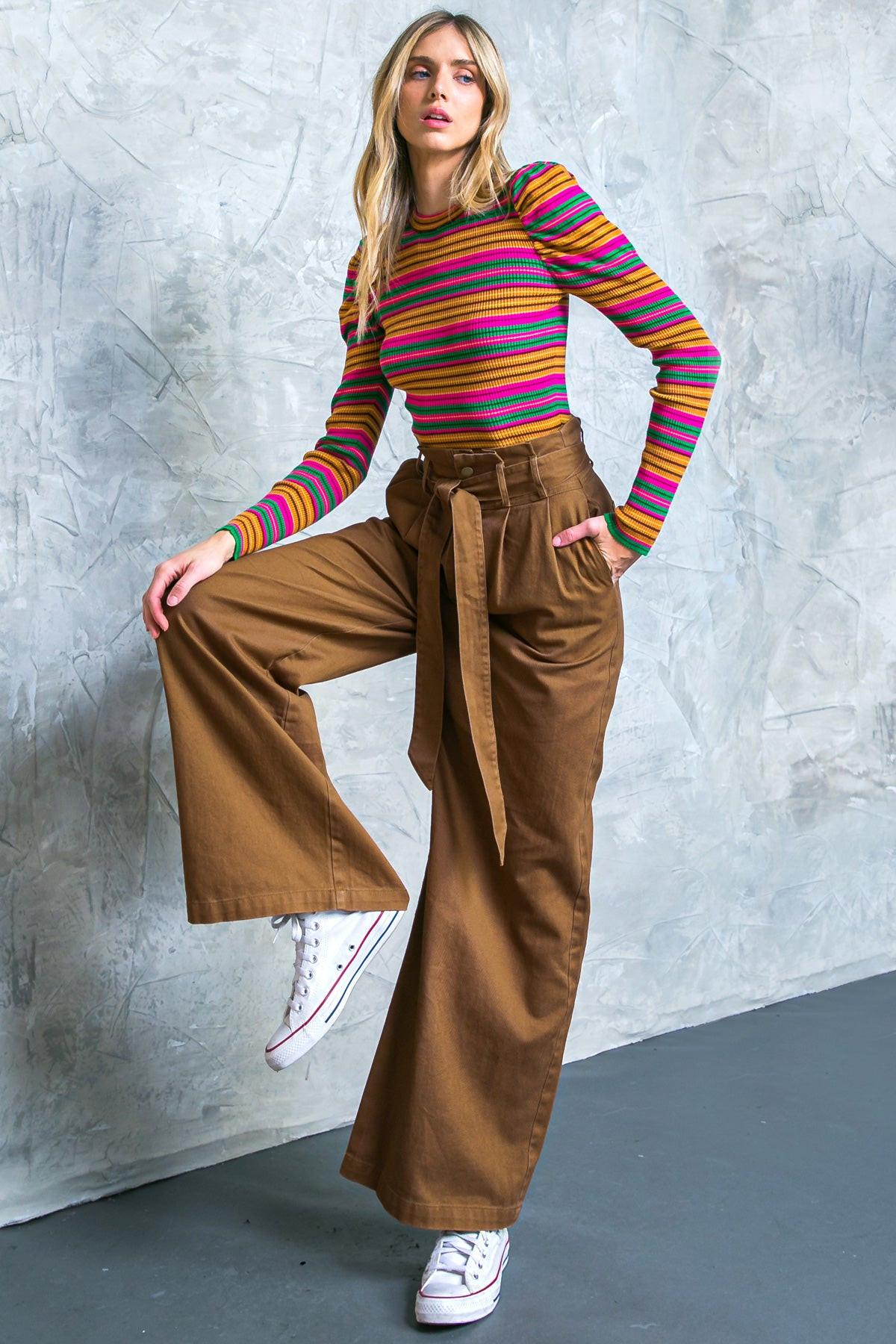 Big Moment Twill Pants High Waisted Paperbag Waist with Self Belt Wide Leg — Soul Flow Apparel