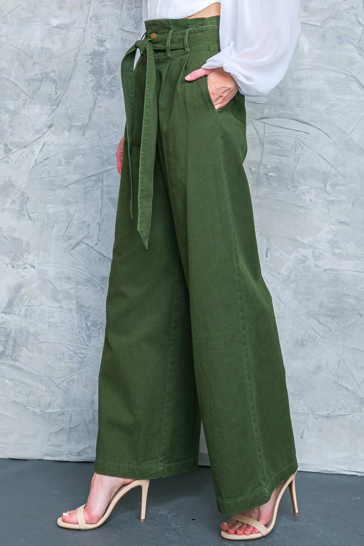 Big Moment Twill Pants High Waisted Paperbag Waist with Self Belt Wide Leg — Soul Flow Apparel