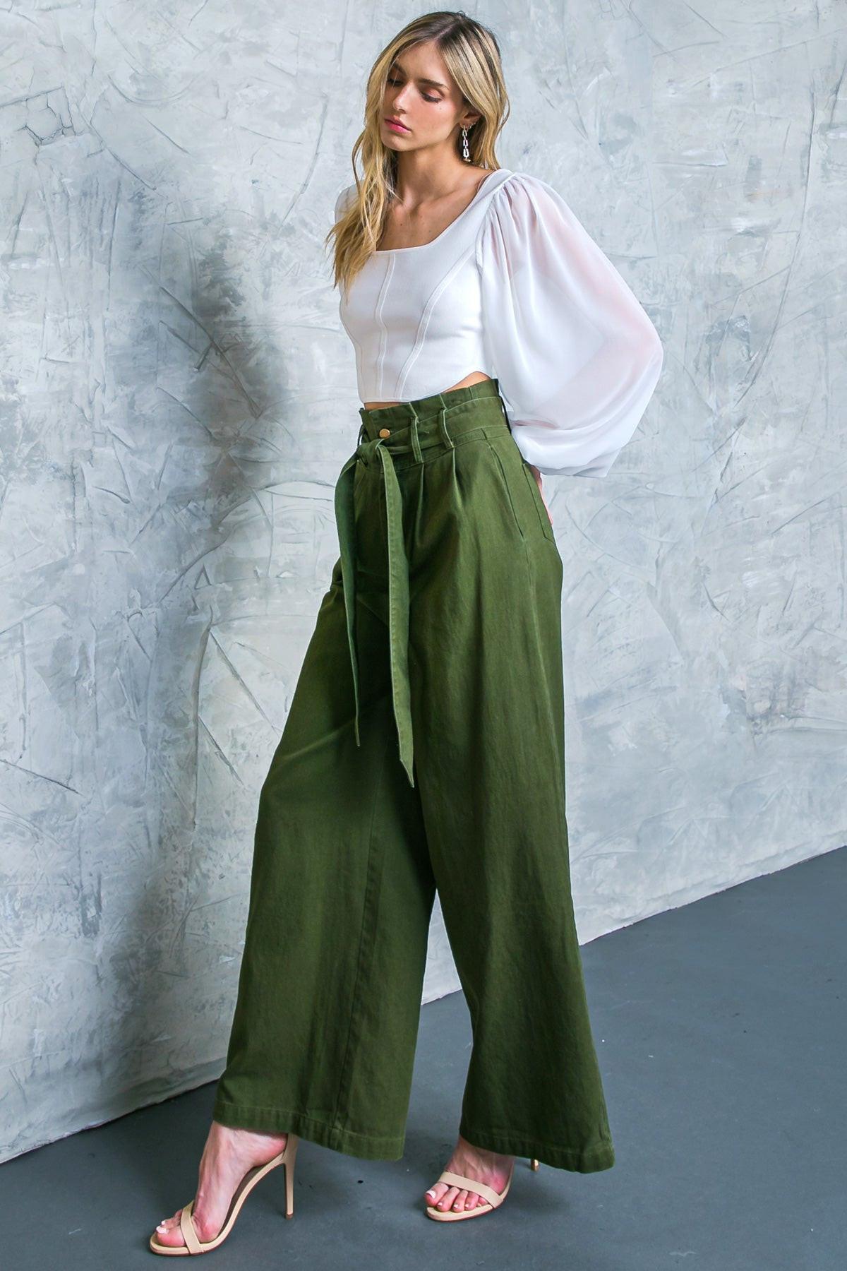 Big Moment Twill Pants High Waisted Paperbag Waist with Self Belt Wide Leg — Soul Flow Apparel
