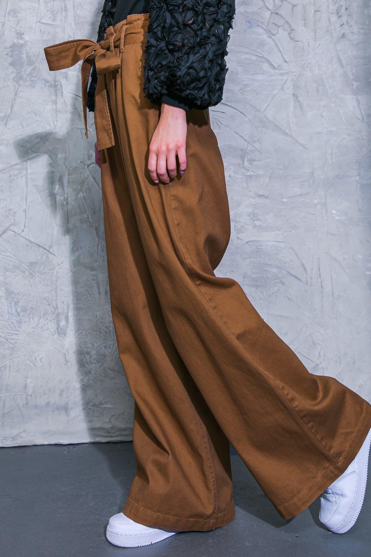 Thriving Weekend Twill Pants with High Waist Self Sash Belt and Wide Leg Pockets — Soul Flow Apparel