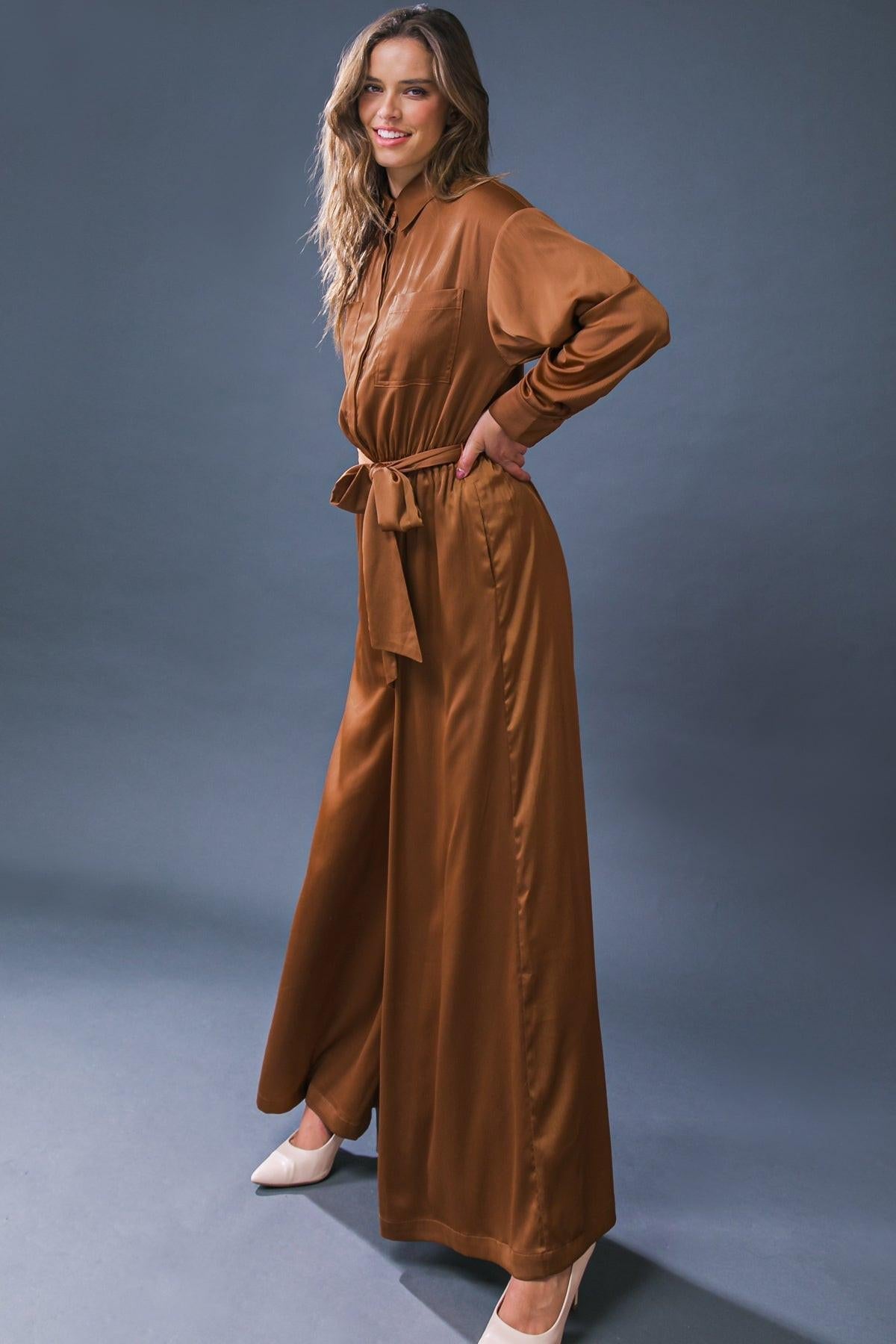 Simply Trendy Solid Woven Jumpsuit with Shirt Collar and Self Tie — Soul Flow Apparel