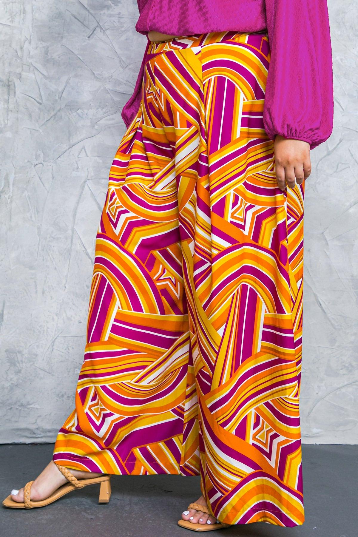 Lively Cham Printed Woven Pants with Pleated Front and Side Zip Closure — Soul Flow Apparel