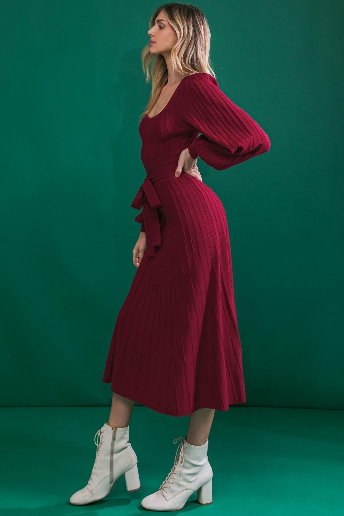 Keep Looking Up Sweater Midi Dress with U Neck and Self Sash Tie — Soul Flow Apparel