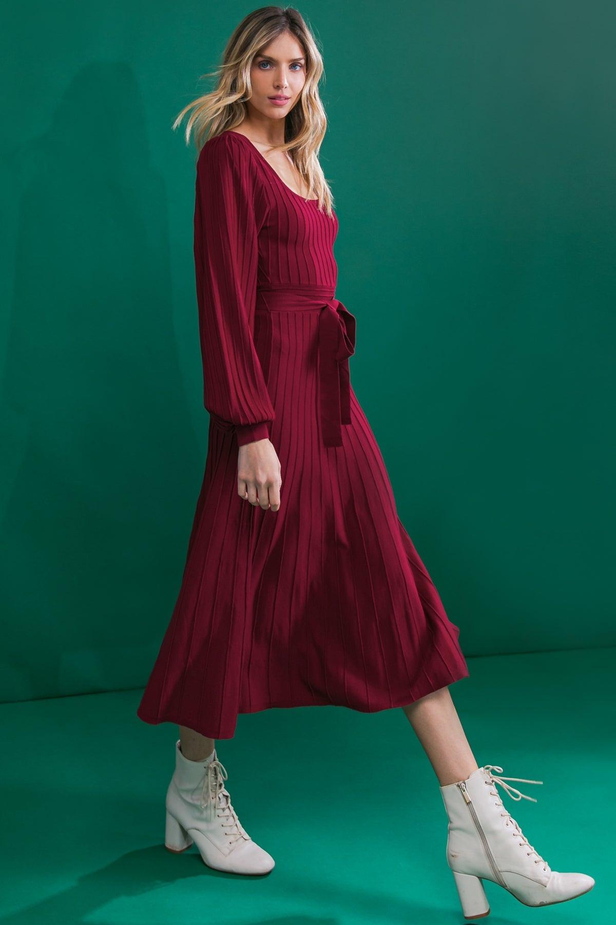 Keep Looking Up Sweater Midi Dress with U Neck and Self Sash Tie — Soul Flow Apparel