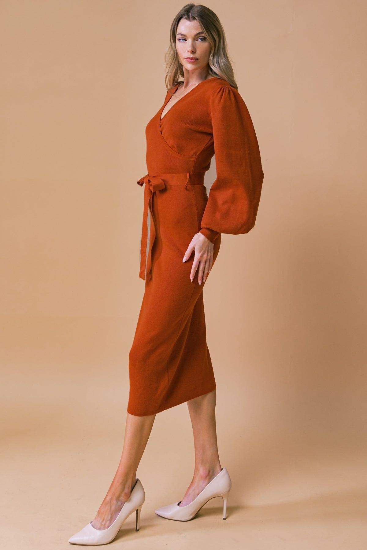 Adorable Ideal Sweater Midi Dress with Surplice Neckline Blouson Sleeves — Soul Flow Apparel
