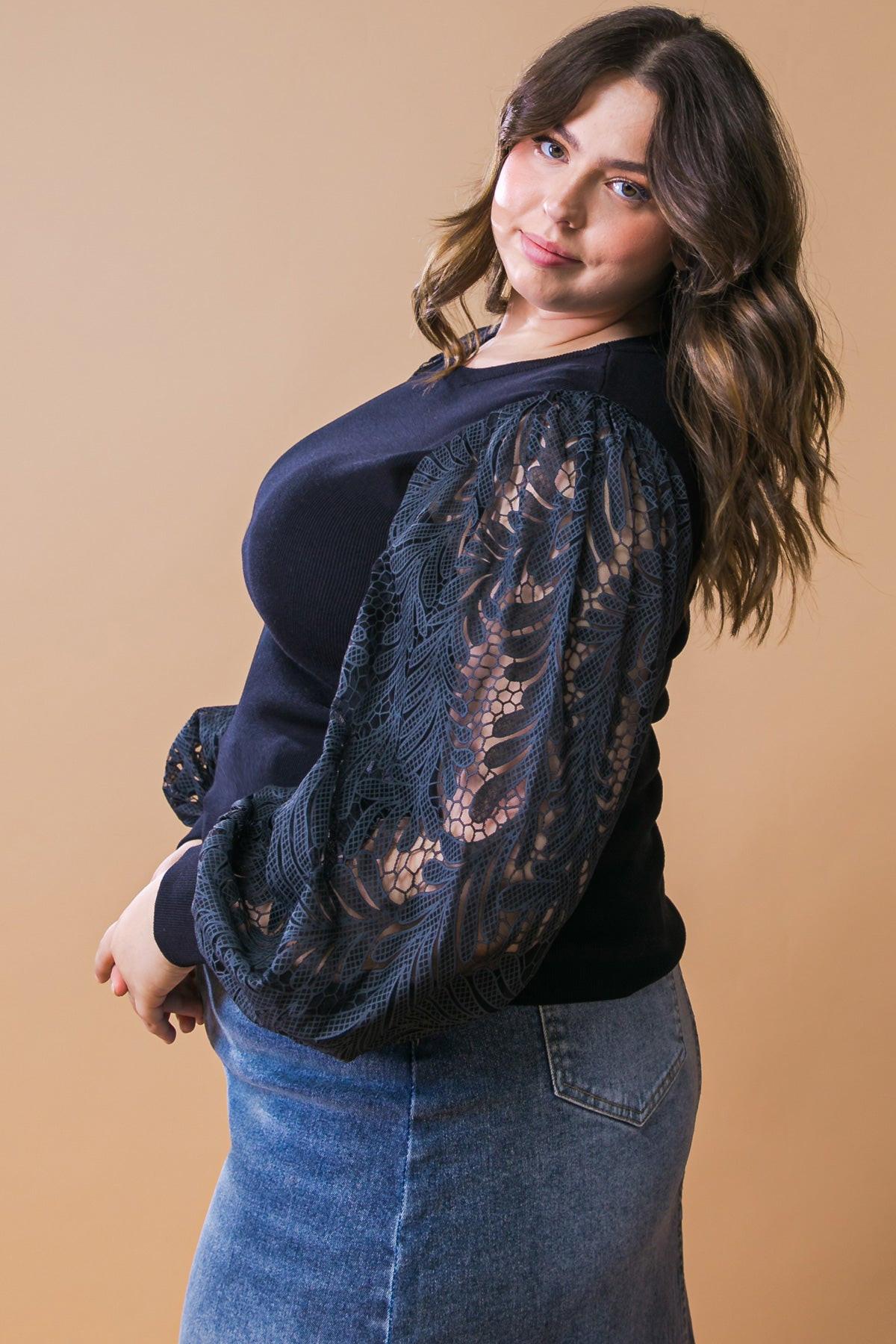 Leisure Life Knit Sweater Top with Round Neckline and Contrasting Puff Sleeves — Soul Flow Apparel