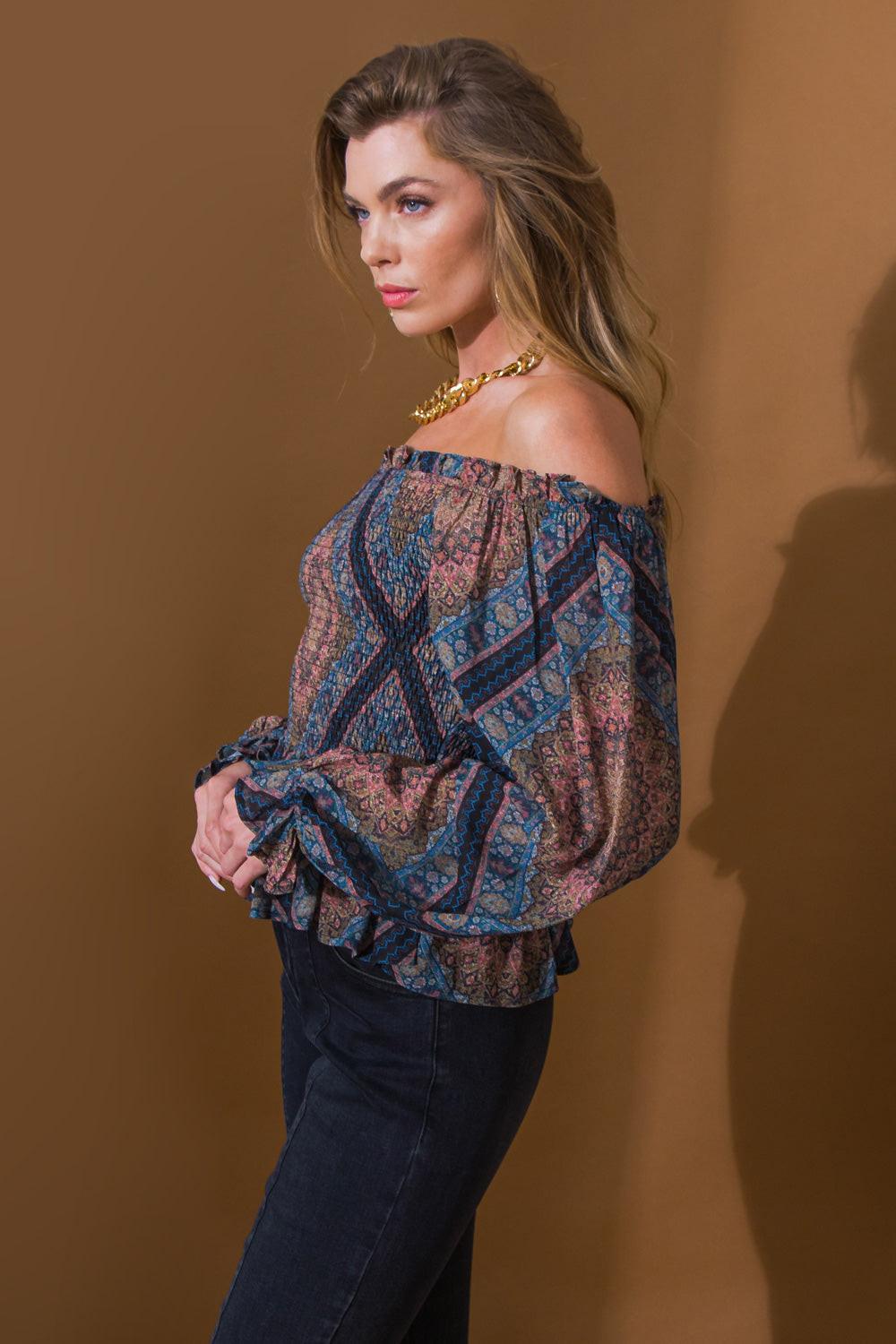 Boho Rainbow Woven Top With Off Shoulder Ruffle Puff Sleeves Peplum