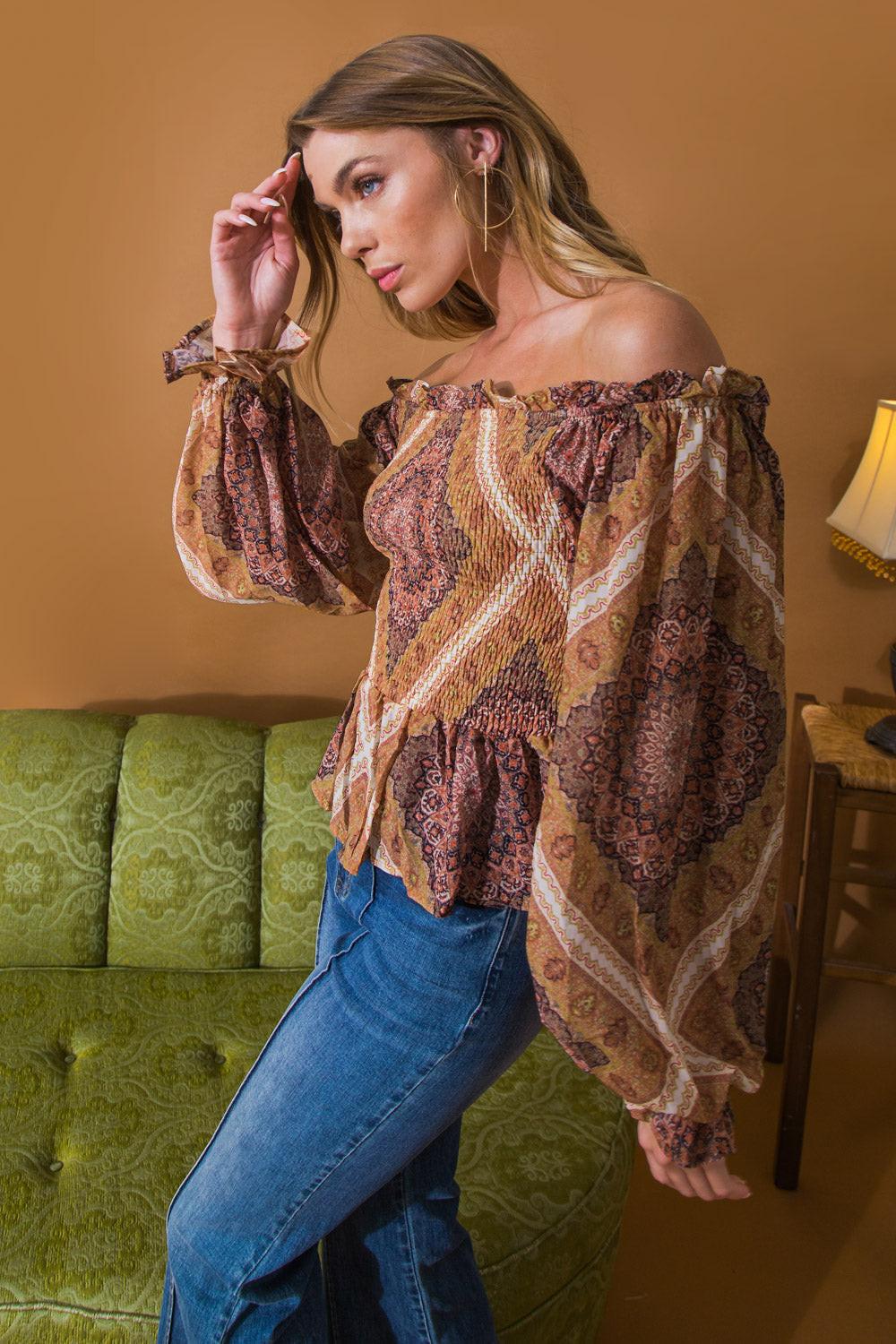 Boho Rainbow Woven Top With Off Shoulder Ruffle Puff Sleeves Peplum