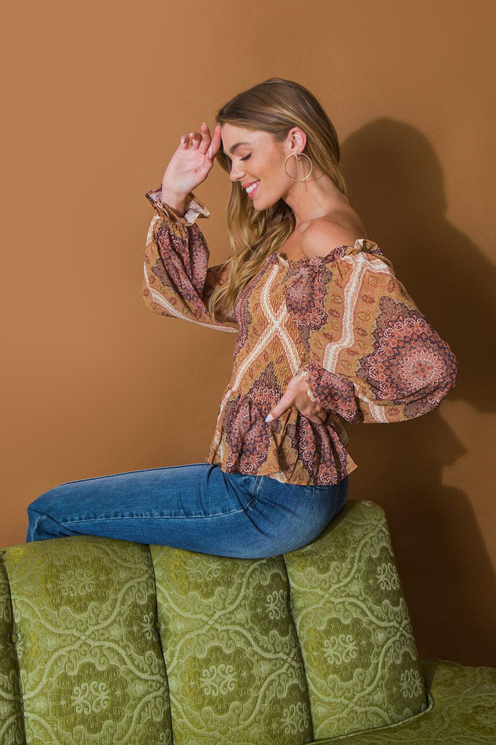 Boho Rainbow Woven Top With Off Shoulder Ruffle Puff Sleeves Peplum