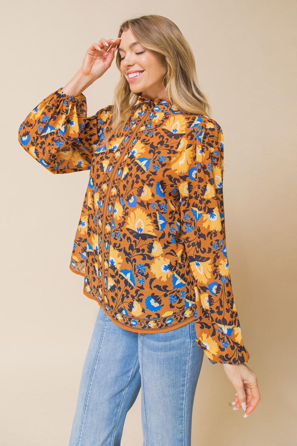 Overthinking It Woven Top with High Neckline and Ruffled Peasant Sleeves — Soul Flow Apparel