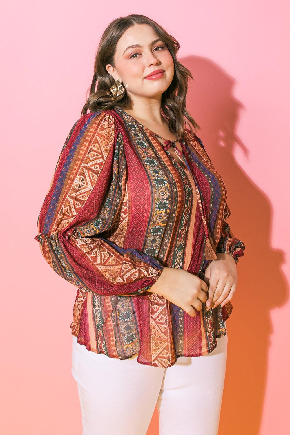 Thrilled for This Woven Top with Printed Peplum and Tassel Tie Polyester Fabric, view 1 — Soul Flow Apparel