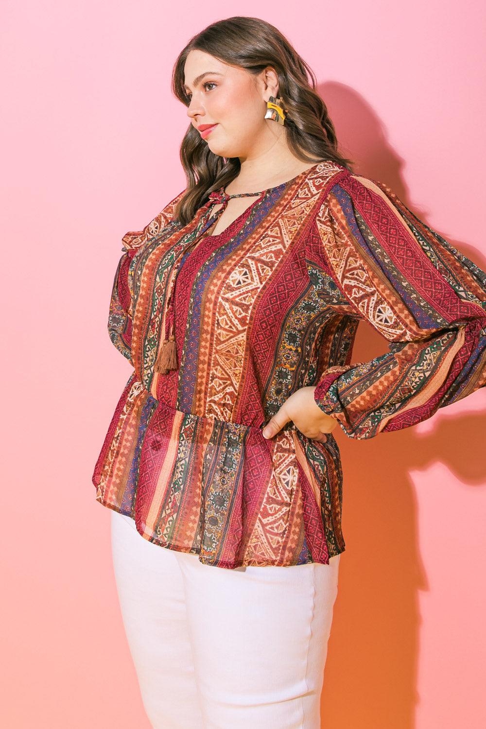 Thrilled for This Woven Top with Printed Peplum and Tassel Tie Polyester Fabric — Soul Flow Apparel