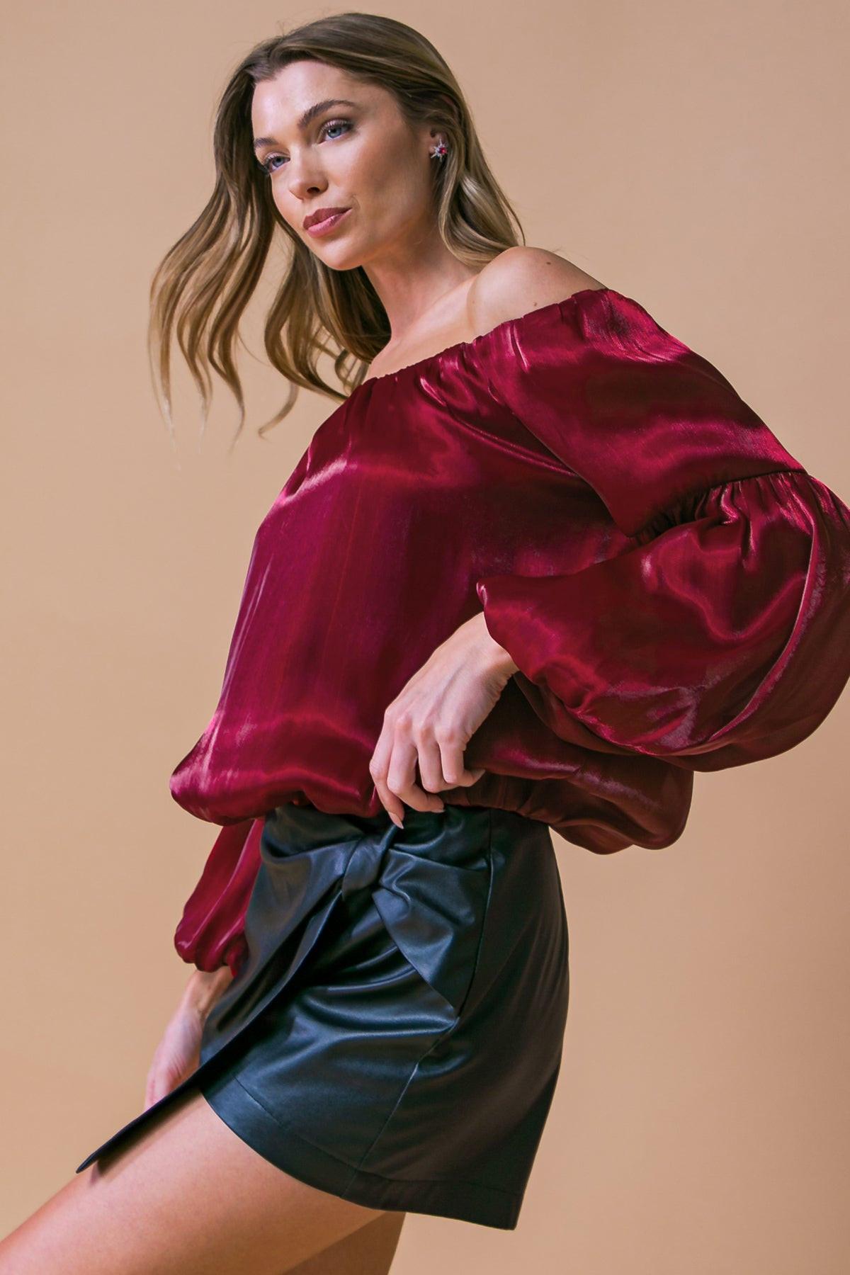 Simply Favored Woven Top Off on Neckline with Lantern Sleeves Elastic Waist — Soul Flow Apparel