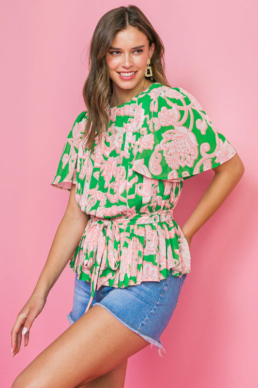 With You Forever Womens Woven Top Round Neck Pleated Flutter Sleeves — Soul Flow Apparel