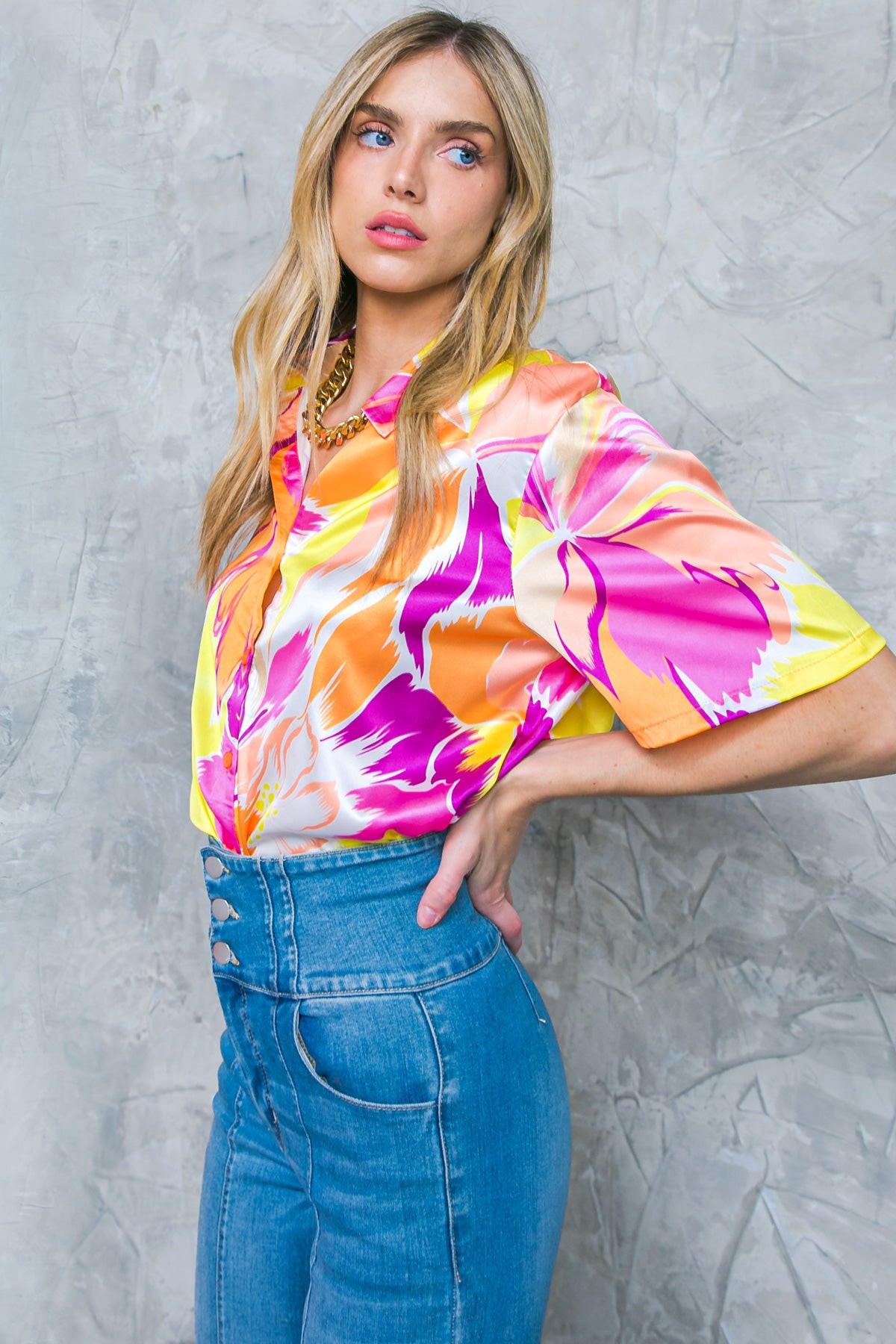 Hello Aroha Satin Printed Woven Top Short Sleeve Button Front Collar — Soul Flow Apparel