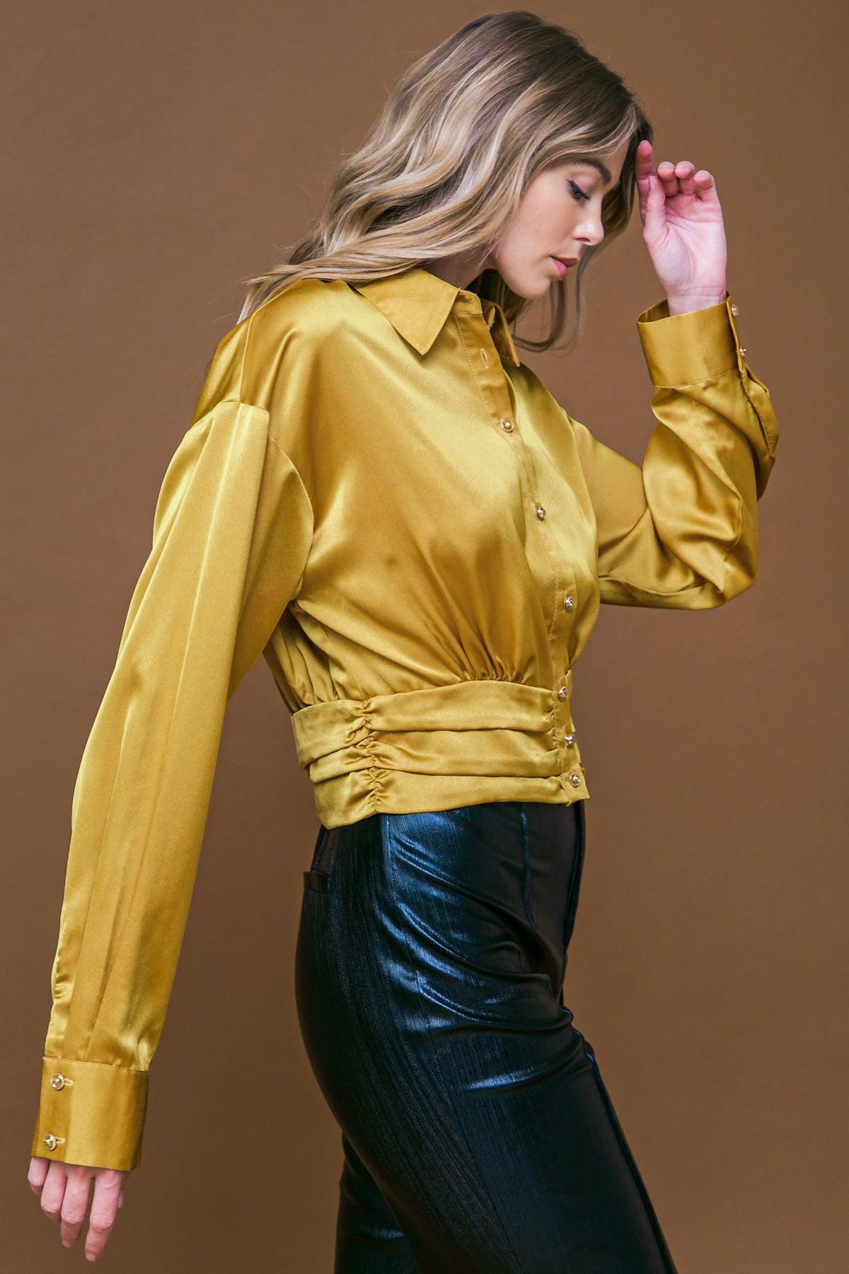 Romantic Moves Woven Top with Shirred Waistband Button Down Shirt Collar — Soul Flow Apparel