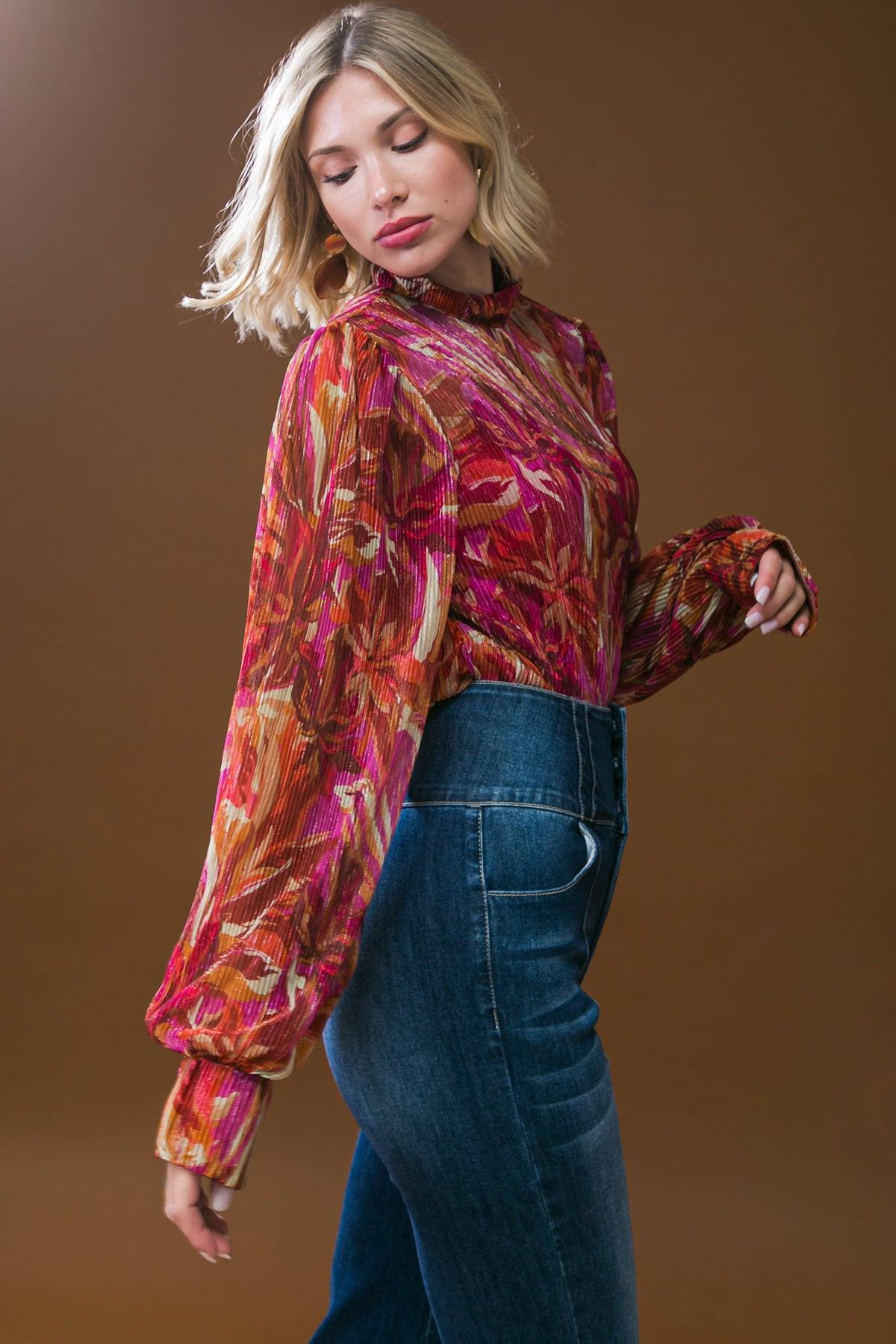 Crushing on You Woven Top High Neck Long Sleeve Cuffs Lightweight Breathable — Soul Flow Apparel