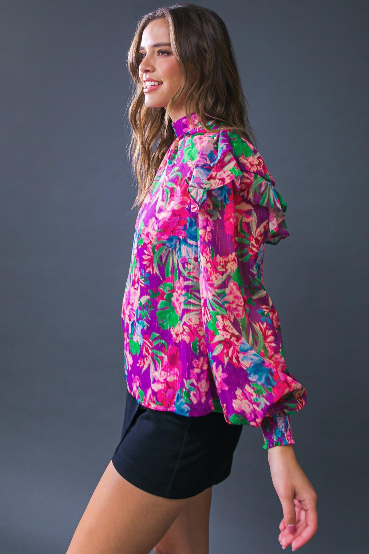 Makes Me Happy Woven Top Long Sleeve High Neck with Smocked Cuffs — Soul Flow Apparel