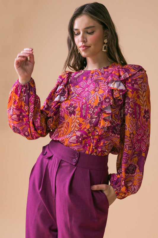 Ready for What's Next Printed Woven Top with Long Sleeve Neckline and Ruffle — Soul Flow Apparel
