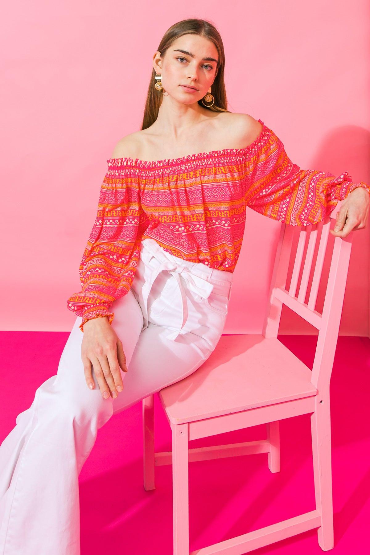 Cosmo Please Woven Top Off Shoulder Printed Lightweight Spring Top Smocked Cuff in 20fuch 20ora21 — Soul Flow Apparel