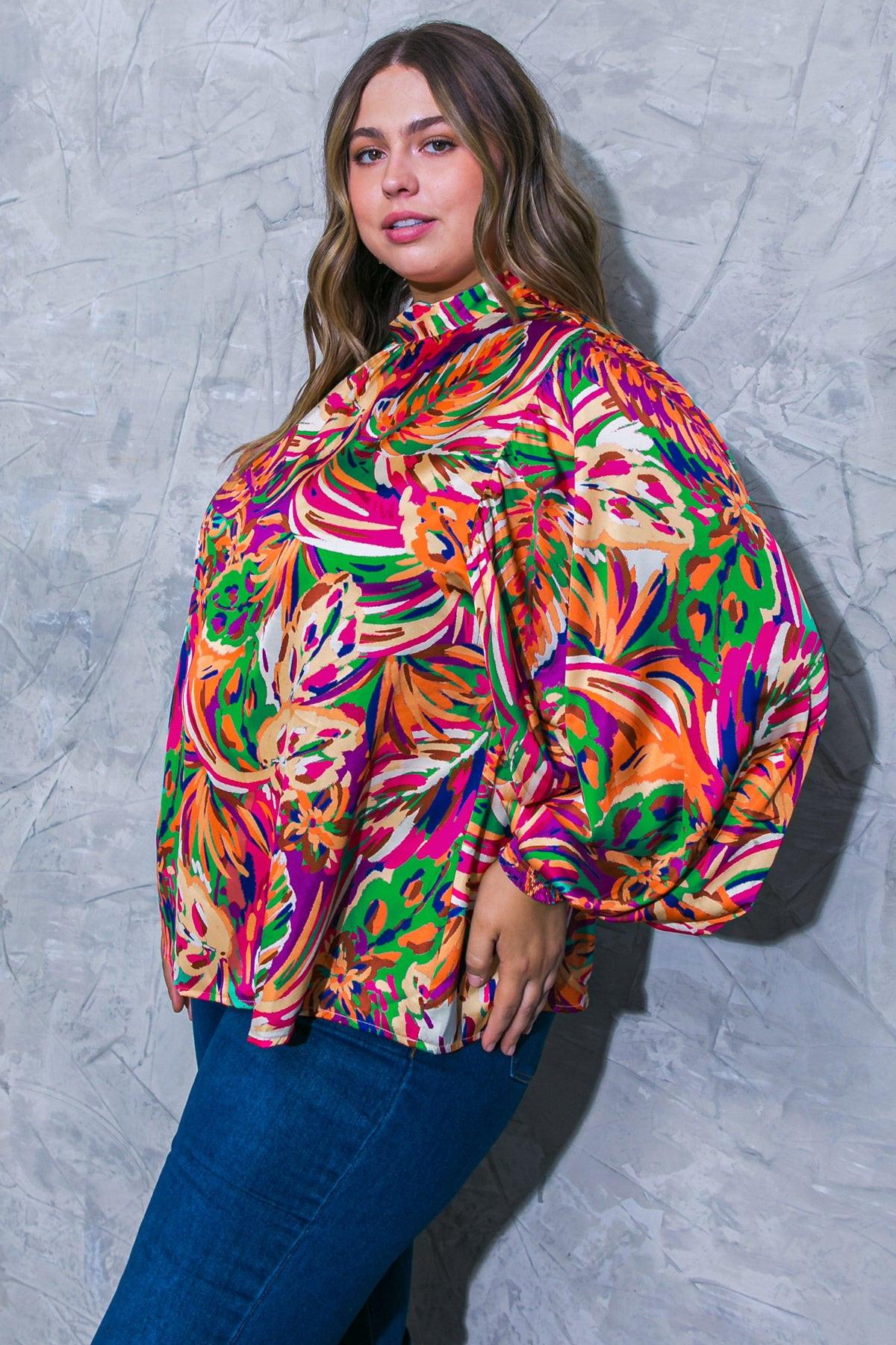 Adoring Devotion Woven Top with High Neck Long Sleeves and Tie Back Print — Soul Flow Apparel
