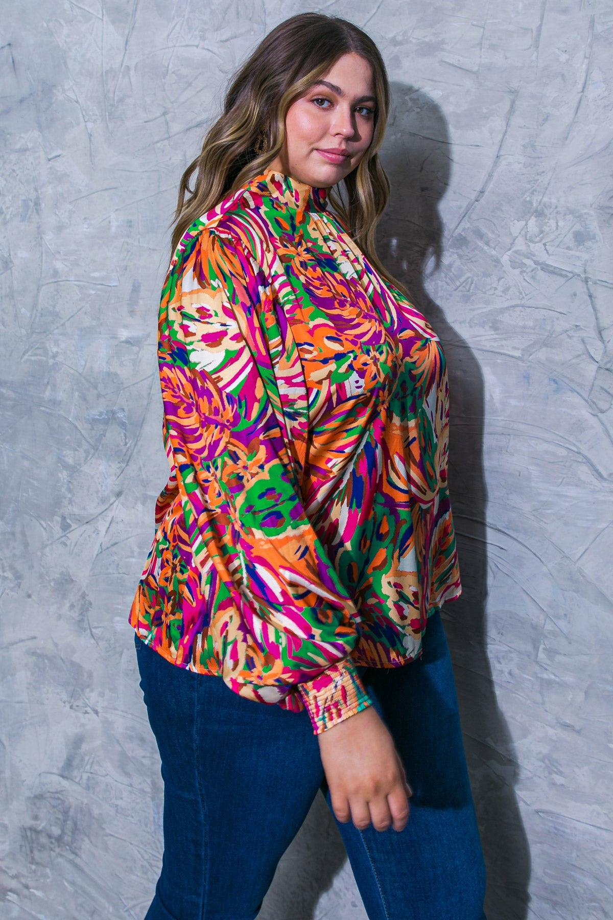 Adoring Devotion Woven Top with High Neck Long Sleeves and Tie Back Print — Soul Flow Apparel
