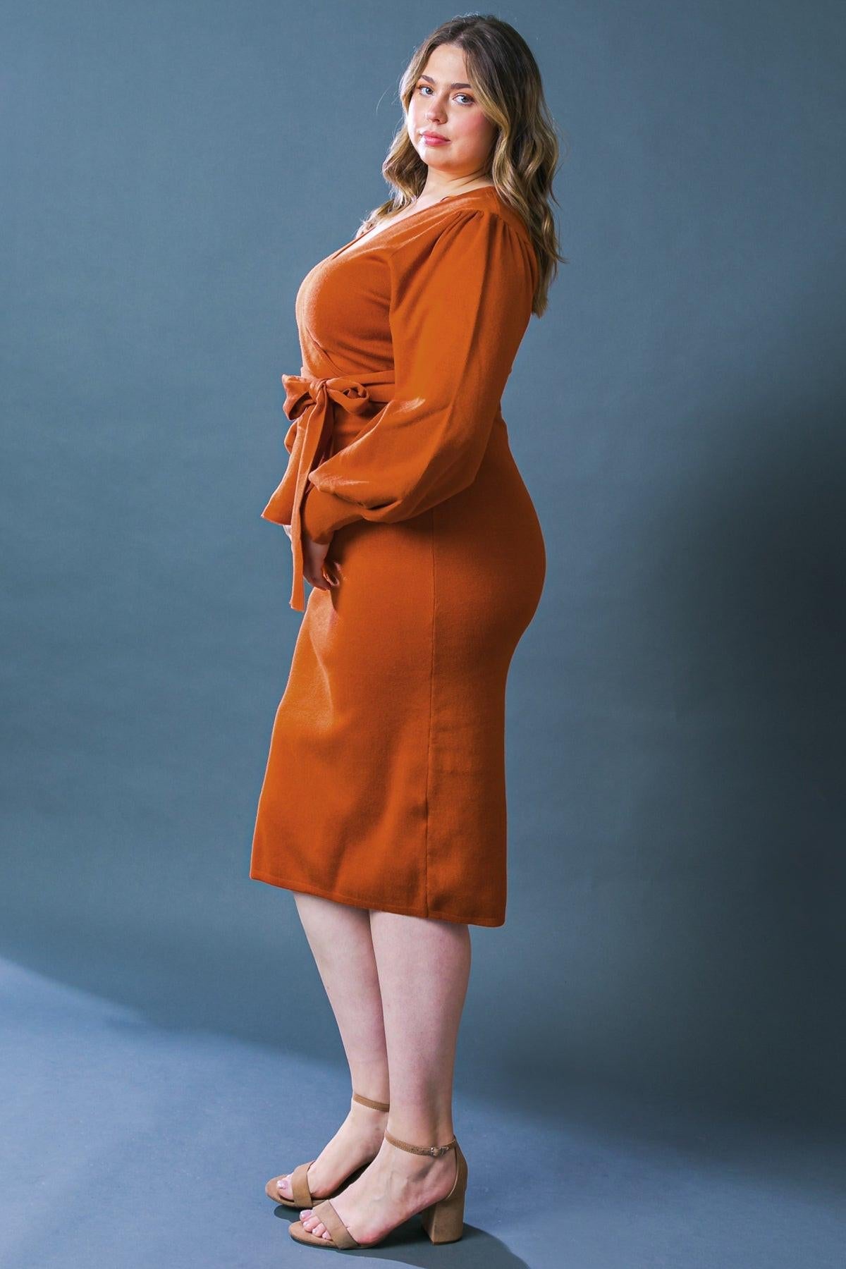 Adorable Ideal Sweater Midi Dress with Surplice Neckline Blouson Sleeves — Soul Flow Apparel