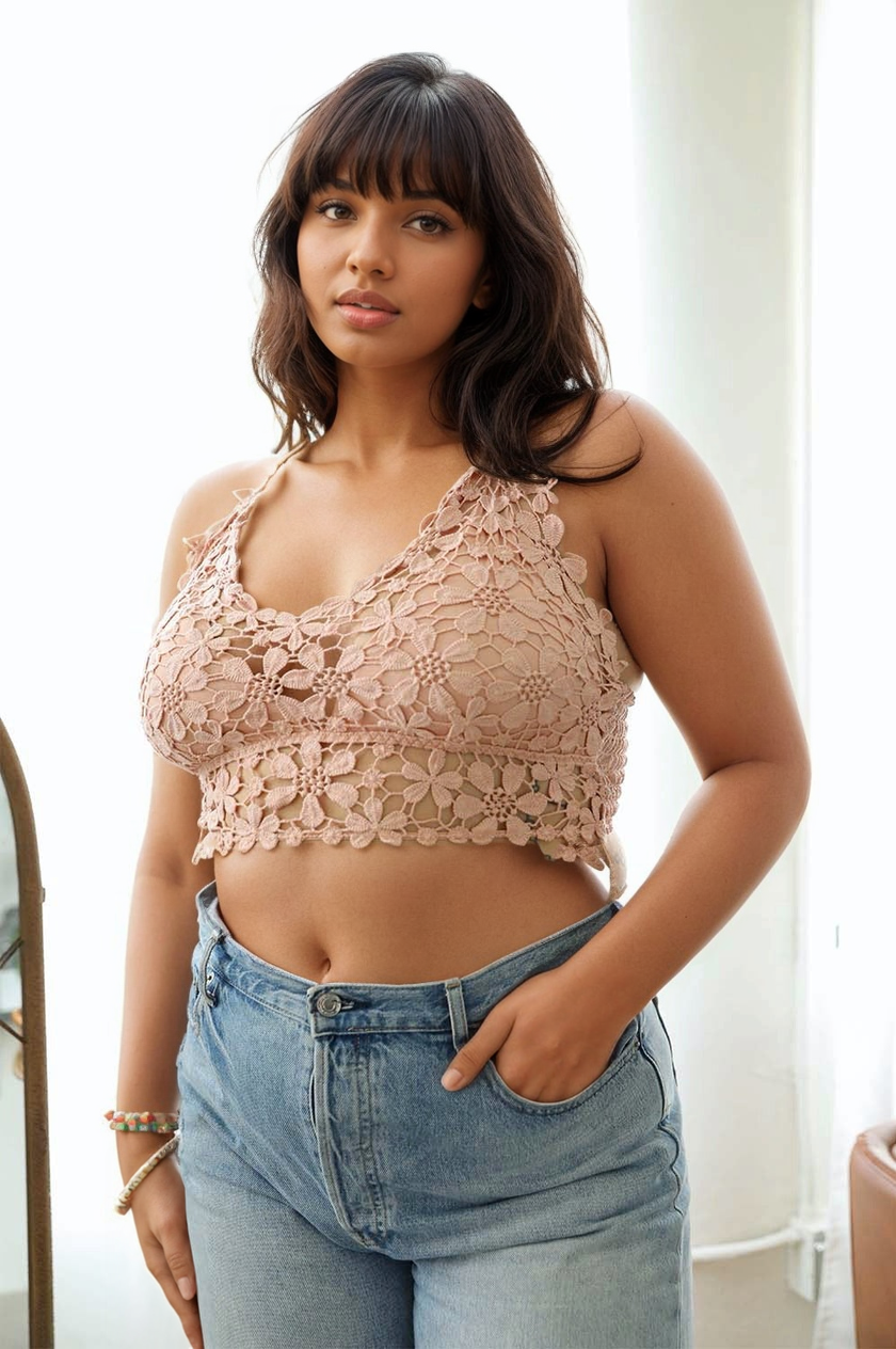 Leto Collection crochet Daisy longline bralette featuring floral crochet pattern and adjustable straps, designed for comfort and style.